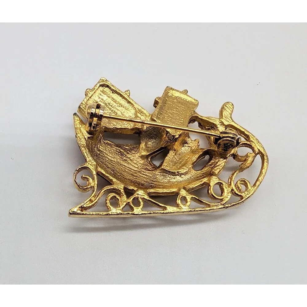 Christmas Sleigh Enamel Rhinestone Brooch Pin Gold Tone